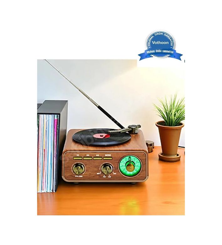 Diğer 119623725 Nostaljik Tasarım Plak Çalar Görünümlü Radyolu Bluetooth Hoparlör Retro Müzik Plak Açık Kahverengi