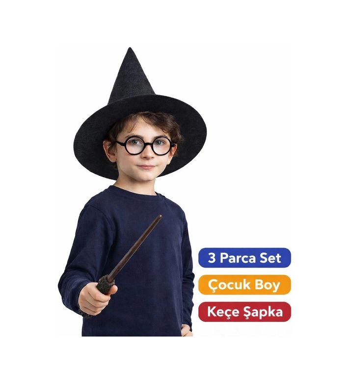 Diğer 119853785 Mey İthalat Harry Potter Tarzı Çocuk Seti Siyah Keçe Şapka, Asa, Gözlük
