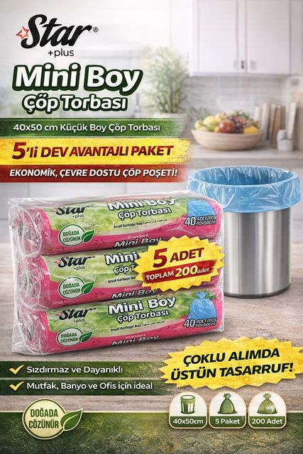 Diğer 122351589 Star Plus Mini Boy Çöp Torbası 40'lı 5 Paket 40X50 Cm Dayanıklı Sızdırmaz Küçük Boy Çöp Poşeti