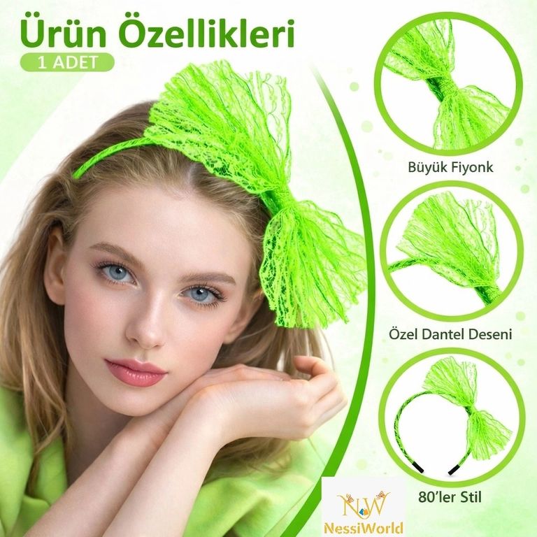 Diğer 125124983 Mey İthalat 80 Ler 90 Lar Neon Yeşil Dantel Taç Fiyonklu