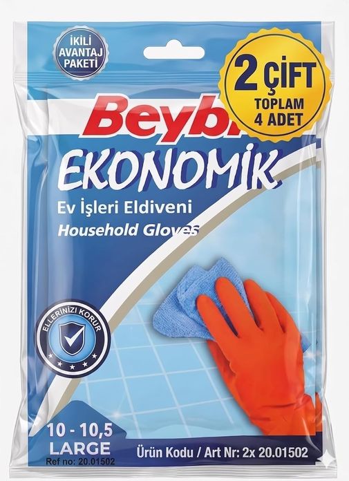 Diğer 126595804 2 Çift Beybi Bulaşık Ve Temizlik Eldiveni 10-10.5 Numara - Büyük Boy Dayanıklı Doğal