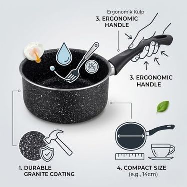 Diğer 126622771 Granit Tencere, Siyah, Yapışmaz Kaplama, Ergonomik Sap, İndüksiyon Uyumlu, Yumurta Ve Çikolata Pişirme İçin