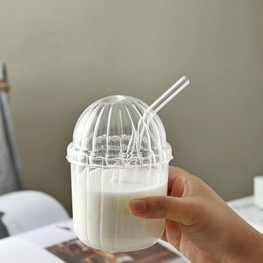 Diğer 126624800 500Ml Cam Kapaklı Pipetli Bardak, Kalın Çizgi Desenli Soğuk İçecekler İçin Kahve Meyve Suları, Çayları İçin Brokosilikat Bpa İçermeyen Sağlıklı Ergonomik Şık Tasarım