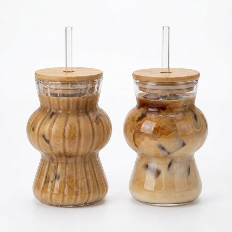 Diğer 126625128 İkili Cam Soğuk Kahve Bardağı 2 Li Set Bambu Kapaklı Ve Cam Pipetli, 350 Ml Estetik Tasarım, Iced Coffee & Smoothie Bardağı 13 Cm