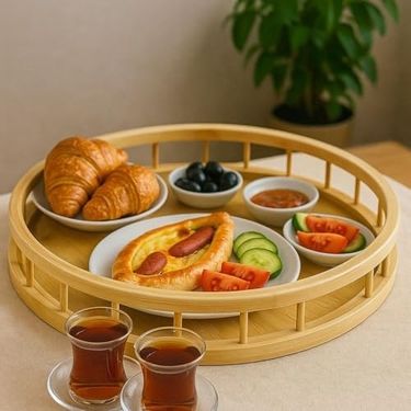 Diğer 126627109 Premium Bambu Serisi 35 Cm Çitli Yuvarlak Tepsi