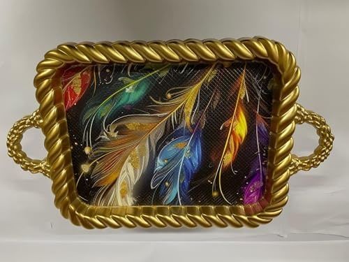 Diğer 126627168 Lüks Dekoratif Plastik Tepsi Altın Çerçeve 38X28 Renkli Kuş Tüyü Desenli