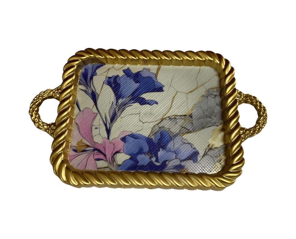 Diğer 126627228 Lüks Dekoratif Plastik Tepsi Altın Çerçeve 38X28 Desenli Mavi Pembe Çiçekler