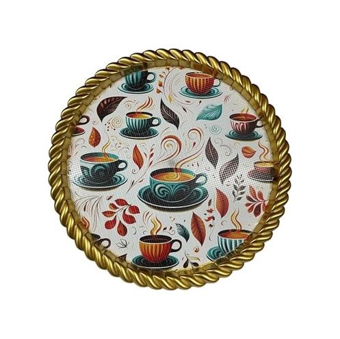 Diğer 126627517 Lüks Dekoratif Plastik Tepsi Altın Çerçeve 46X46 Çay Kahve Fincan Desenli