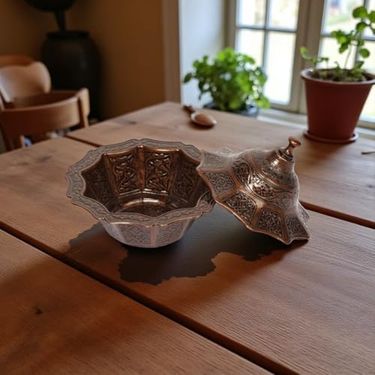Diğer 126628785 Kapaklı Şekerlik Ve Lokumluk, Osmanlı Motifli Dekoratif Sunum Kabı, Kahve Yanı Şeker, Çikolata Ve Şekerleme İçin Kahverengi