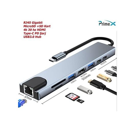 Diğer 126632327 Plus Px-U520 4K 30Hz Gri Metal Type-C To 4K Hdmı+Usb 3.0++Sd Kart+Pd Şarj Çevirici Adaptör