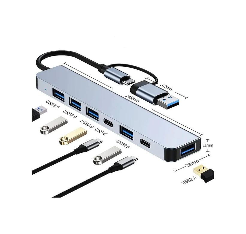 Diğer 126634882 7'si 1 Arada Usb Hub, Çift Girişli Usb A Ve Type-C Adaptör, 5 Gbps Usb 3.0, Alüminyum Gövde, Laptop Ve Uyumlu