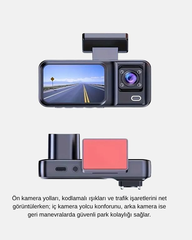 Diğer 127894826 170 Geniş Açılı 3 Kameralı Araç İçi Kayıt Cihazı Gece Görüşlü -