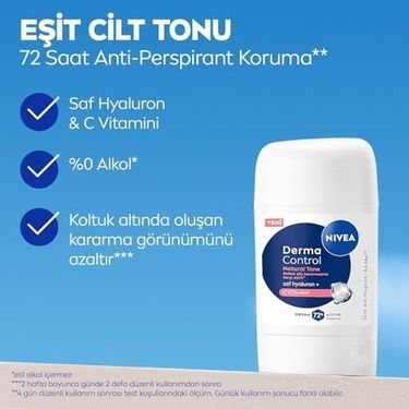 Diğer 128808623 Kadın Stick Deodorant Derma Control Natural Tone 50 Ml, Koltuk Altı Kararmasına Karşı Etkili, Eşit Cilt Tonu, 72 Saat Anti Perspirant Koruma, C Vitamini, Hyaluronik Asit, Alkol İçermez Açık Bej