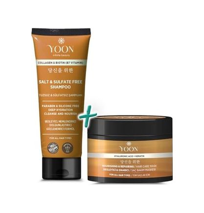 Diğer 128843008 Yoon 2'li Vegan Tuzsuz Şampuan & Saç Bakım Maskesi 250Ml, Hyaluronik Asit, Keratin, Kolajen Ve Biotin İçerikli Besleyici, Onarıcı 2'li Saç Bakım Seti