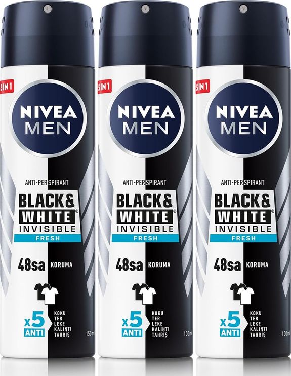 Diğer 128848183 Men Erkek Sprey Deodorant & Invisible Fresh, Ter Ve Ter Kokusuna Karşı 48 Saat Anti-Perspirant Koruma 150Ml X3 Adet