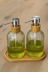 Diğer 128854580 2 Li Cam Sıvı Sabunluk Seti Füme Renk, 300 Ml Şeffaf Cam Gövde, Doğal Bambu Başlık Ve Stand Modern Pompalı Dispenser Banyo, Mutfak Ve Lavabo Üstü Kullanım İçin Uygun