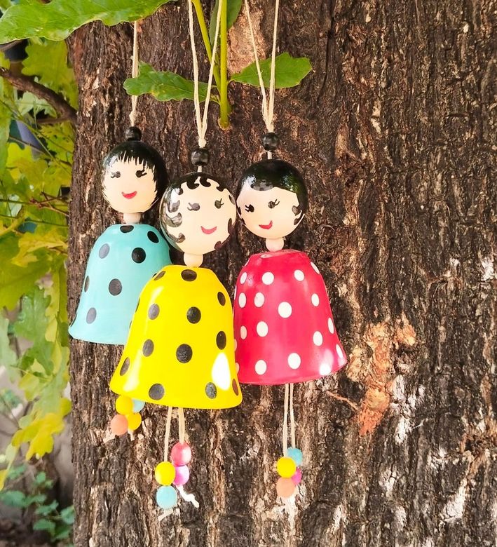 Diğer 128857453 Dekoratif Asılabilir Doll Süs, 3'lü Set, Puantiyeli Desenli, Renkli Boncuklu, Bahçe Ve Ev Dekorasyonu Çan Süs