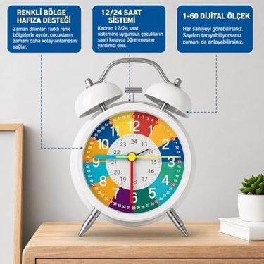 Diğer 128858191 Eğitici Çocuk Alarm Saati Renkli Öğretici Saat 12/24 Sistem Sessiz Mekanizma Kolay Okuma