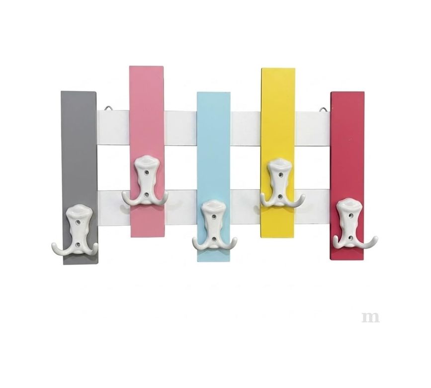 Diğer 128861199 Renkli Ahşap Duvar Askılığı, 5 Çift Kancalı, 45X25 Cm, Gri, Pembe, Mavi, Sarı, Kırmızı