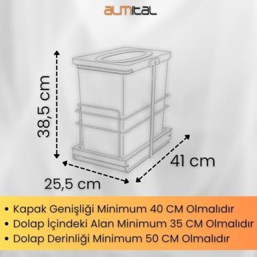 Diğer 128861969 Cassone 24, Dolap İçi Teleskopik Raylı Antrasit Çöp Kovası 24 Litre, Minimum Kapak Genişliği 40 Cm.