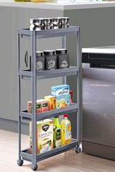 Diğer 128861971 Slim 4 Katlı Tekerlekli Raf Ünitesi - Dar Alanlar İçin Mutfak & Banyo Organizer - Baharatlık & Havluluk Düzenleyici Gri