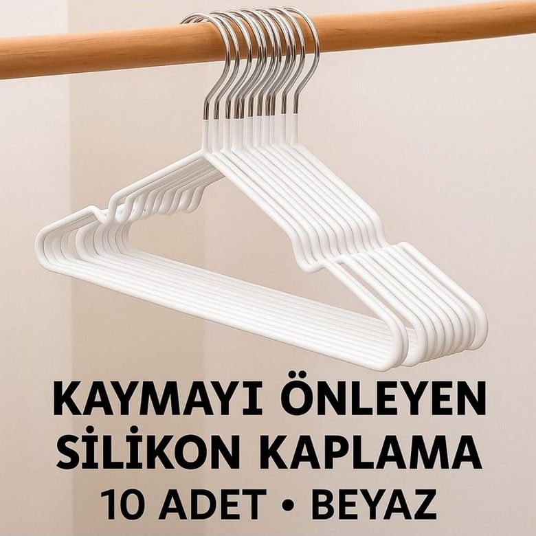 Diğer 128862541 10 Adet Kaydırmaz Silikon Kaplamalı Elbise Askısı Dolap İçi Düzenleyeci 40Cm, Beyaz