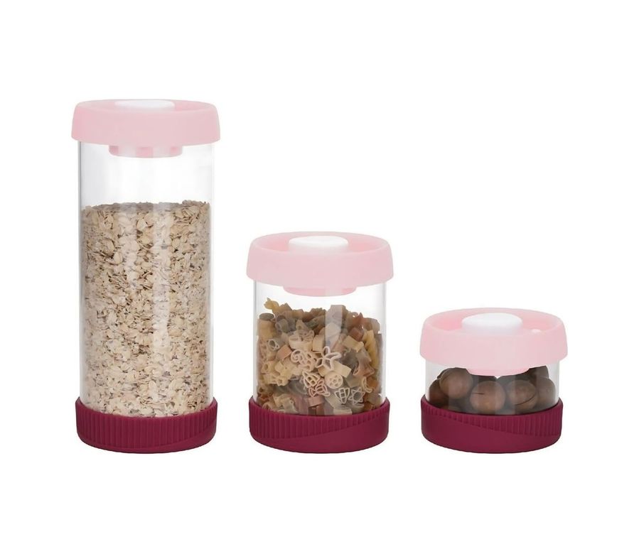 Diğer 128863376 Yuvarlak Vakumlu Cam Saklama Kabı Seti, 3'lü Set 450 Ml+840 Ml+1500 Ml , Pembe