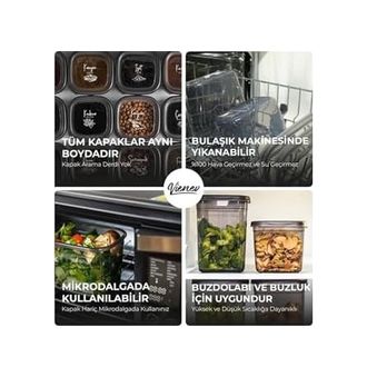 Diğer 128863491 Vienev Beyaz Serigrafi Etiketli Kare Erzak Saklama Kabı 12'li Set 4X 0,55 Litre, 1,2 Litre, 1,75 Litre