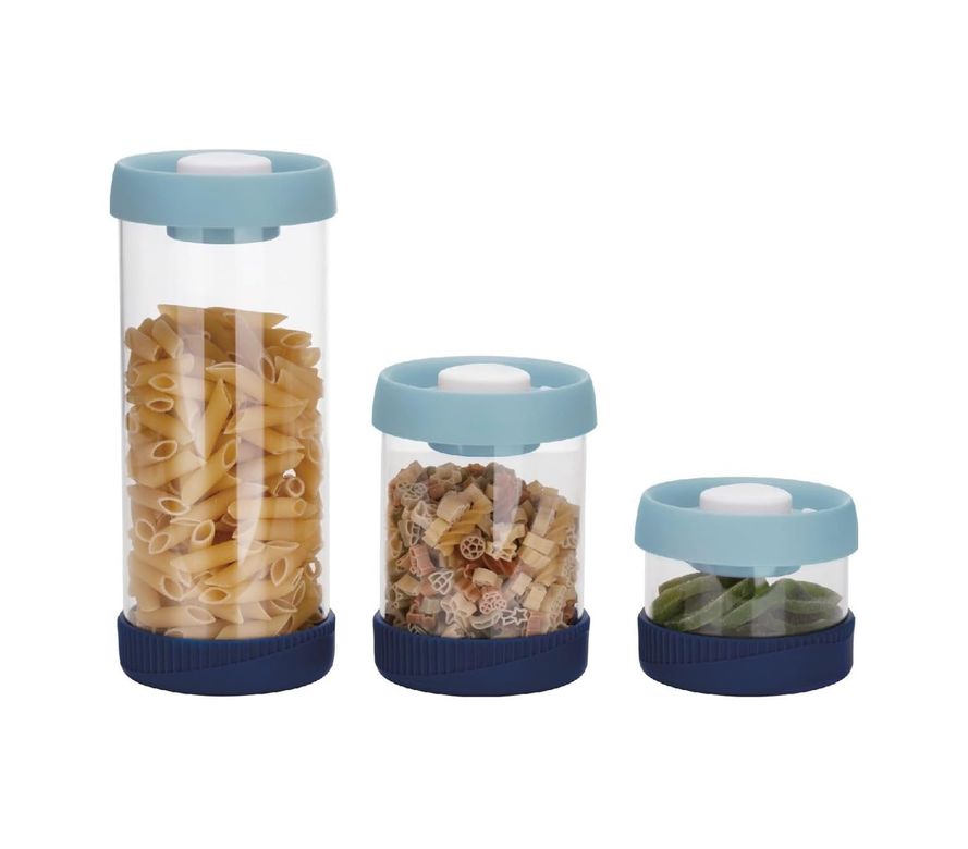 Diğer 128863517 Yuvarlak Vakumlu Cam Saklama Kabı, 3'lü Set Mavi 450 Ml+840 Ml+1500 Ml