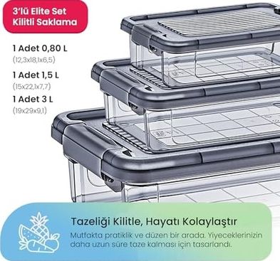 Diğer 128863604 Life 3 Lü Kilitli Saklama Seti 3L+1.5L+0.85L İç İçe Geçen Yer Tasarruflu, Şeffaf Premium Gıda Kabı