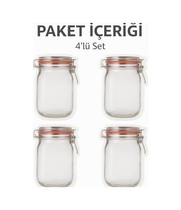 Diğer 128868036 4'lü Kilitli Saklama Poşeti, Kavanoz Görünümlü 500 Ml Gıda Saklama, Baharat, Kurabiye, Makarna, Atıştırmalık İçin Uygun Pe Malzeme Zararlı Kimyasal İçermez