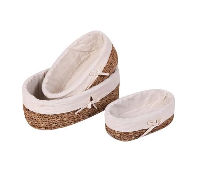 Diğer 128869899 3'lü Hasır Oval Bezli Düzenleyici Sepet Seti - Çıkarılabilir Kumaş Astarlı Ekmek Ve Sunum Sepeti - Banyo, Mutfak Ve Bebek Odası İçin Çok Amaçlı Organizer 42X25 Cm Büyük Boy