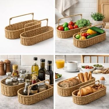 Diğer 128870362 El Dokuması Hasır Oval Sepet Seti, Doğal Hasır Lifi, 2'li Set, Saplı, 30X10X15 Cm Ve 20X7X11 Cm