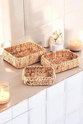 Diğer 128871218 Doğal El Yapımı, Kare Bombeli Düzenleyici 3'lü Hasır Sepet - 32Cm-28Cm-24Cm 3 Boy Set