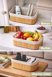 Diğer 128871449 Bambu Meyvelik Sepeti 3 Lü Set Küçük, Orta, Büyük Boy Çıkarılabilir Kumaş Astarlı Doğal Ahşap Dekoratif Tezgah & Masa Üstü Organizer Large