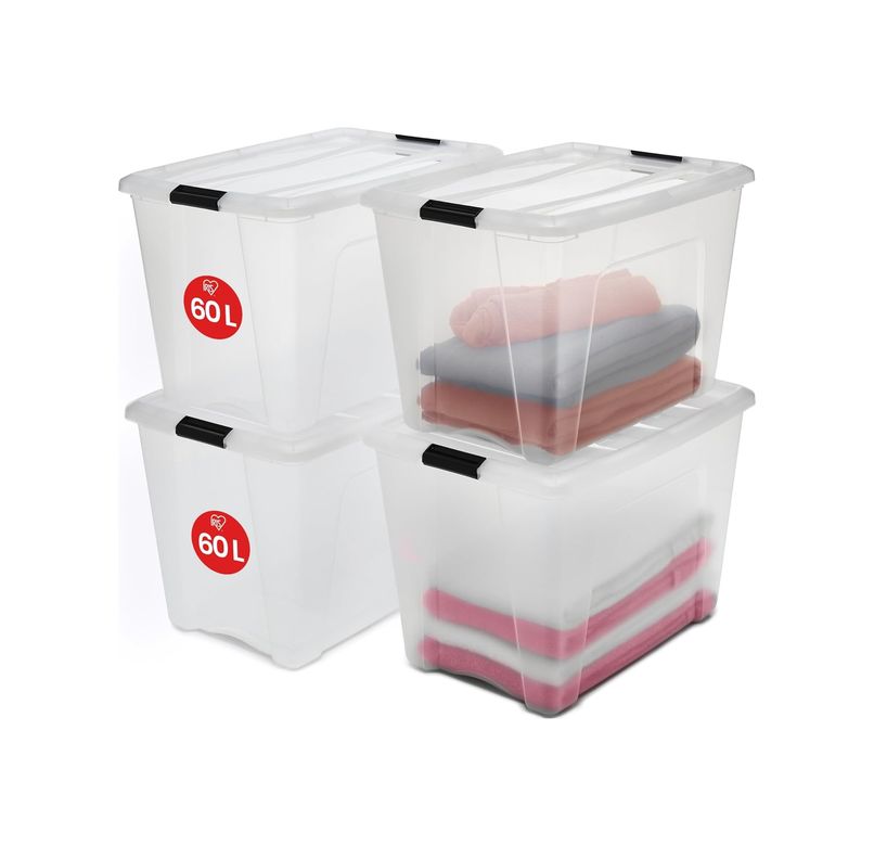 Diğer 128871610 Ohyama Kapaklı Saklama Kutuları, 60L, 4'lü Set, Şeffaf, Güvenli Tokalar, İstiflenebilir, Çekme Kulpları, Yatak Odası, Dolap, Ofis, Organizasyon İçin, Bpa İçermeyen Plastik, Giysi Çantası, Ntb-60