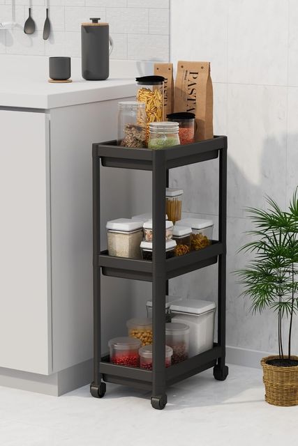 Diğer 128873286 Life 3 Katlı Hazneli Tekerlekli Siyah Mutfak Banyo Rafı Pg Mıt1215