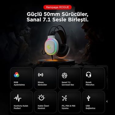 Diğer 130418502 Rogue Beyaz Usb Rgb Ledli Gaming Oyuncu Mikrofonlu Kulaklık