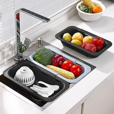 Diğer 131573320 Teleskopik Lavabo İçi Uzayabilir Süzgeç Sürgülü, Ayarlanabilir, Katlanabilir Salata Ve Meyve Sebze Yıkama Süzgeci, Açılıp Kapanabilir Pratik Mutfak Süzgeci 1 Adet Açık Gri