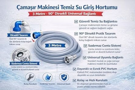 Diğer 131575036 Çamaşır Makinesi Temiz Su Giriş Hortumu 1.5 M 90 Dirsekli Universal Bağlantı, Dayanıklı Pvc Gri Makine Su Besleme Hortumu, Sızdırmaz Contalı Kolay Montajlı Temiz Su Hortumu