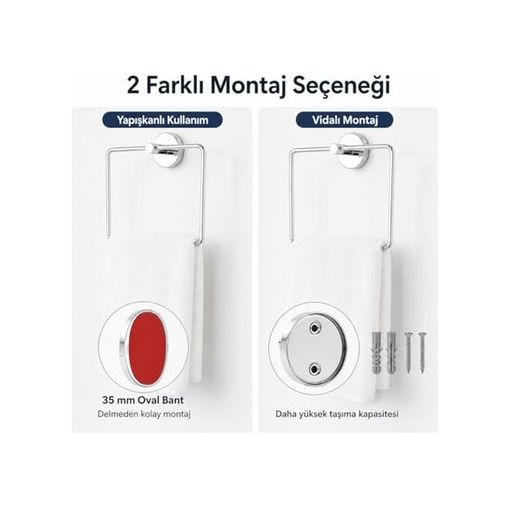 Diğer 131600226 İris Krom Kaplama Kare Havluluk, Yapışkanlı Ve Vidalı Montajlı Banyo Havlu Askısı, 35 Mm Oval Bantlı