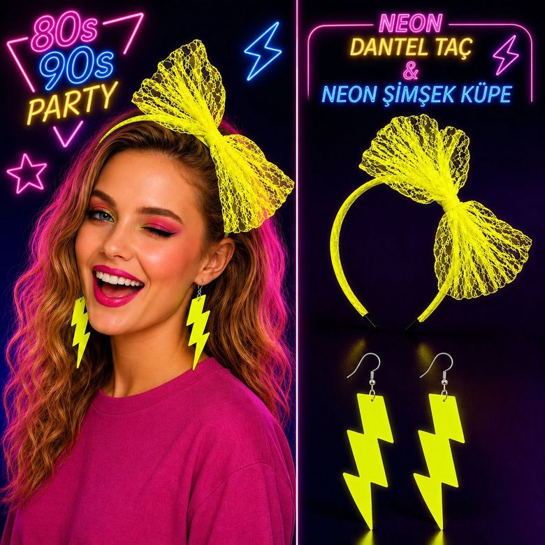 Diğer 131840296 Neon Sarı Dantel Taç Ve Şimşek Küpe 80&amp 39 Ler 90&amp 39 Lar Parti Seti - Huvj-884440 Standart