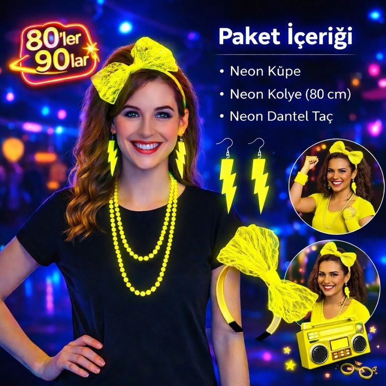 Diğer 131841761 80 Ler 90 Lar Neon Sarı Parti Seti Kolye Küpe Taç - Huvj-874158 Standart