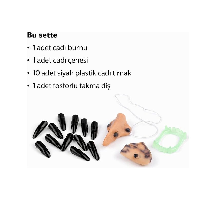 Diğer 131851956 Cadı Aksesuar Seti Burun, Çene, Fosforlu Diş Ve 10 Adet Siyah Tırnak - Huvj-759780 Standart