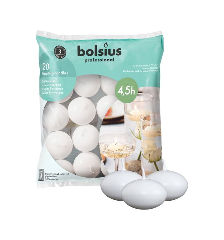 Diğer 57855210124214580184975 Bolsius Yüzen Mumlar, 4,5 Saat Yanma Süreli, Ø 4,5 Cm Çapında, Beyaz, 20 Adet 50 X 22