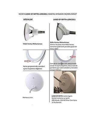 Diğer 57858324439271099283959 Land Of Myth - Şerit Led Işıklı Banyo Makyaj-Tıraş Aynası, 10X Hd Büyütme, Esnek, Dokunmatik Işık Kısma, Ayarlanabilir Kol 6998
