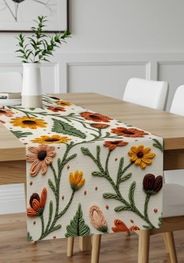 Diğer 57858324441369899283959 Nakış Desen Dijital Baskılı Sarı Turuncu Sonbahar Çiçek Desenli Masa Örtüsü 45X100 Cm Açık Bej