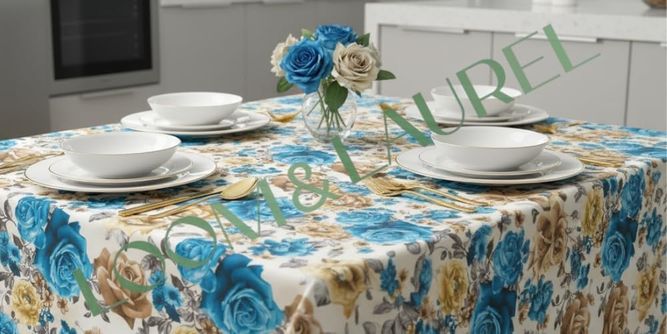 Diğer 57858324441433699283959 Loom & Laurel Baskılı Yıkanabilir Masa Örtüsü Mutfak Bahçe Piknik Masa Örtüsü Mavi Ağırlıklı Çiçek Desenli 140X200 Acı Kahverengi 01 X 01