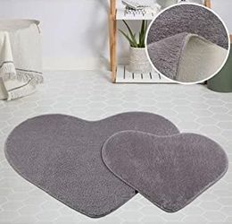 Diğer 57858324441903599283959 My Evilla Modern Dekoratif Halı Jel Kaymaz Taban Peluş Kalp Model Gri Paspas Takımı 70X100-70X60 1