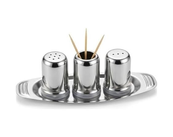 Diğer 57858324442221699283959 Paslanmaz Çelik Tuzluk Biberlik Ve Kürdanlık Seti Tepsili 3 Lü Masa Üstü Baharatlık Seti Restoran, Kafe Ve Ev Kullanımı İçin Modern Baharat Organizeri Açık Gri